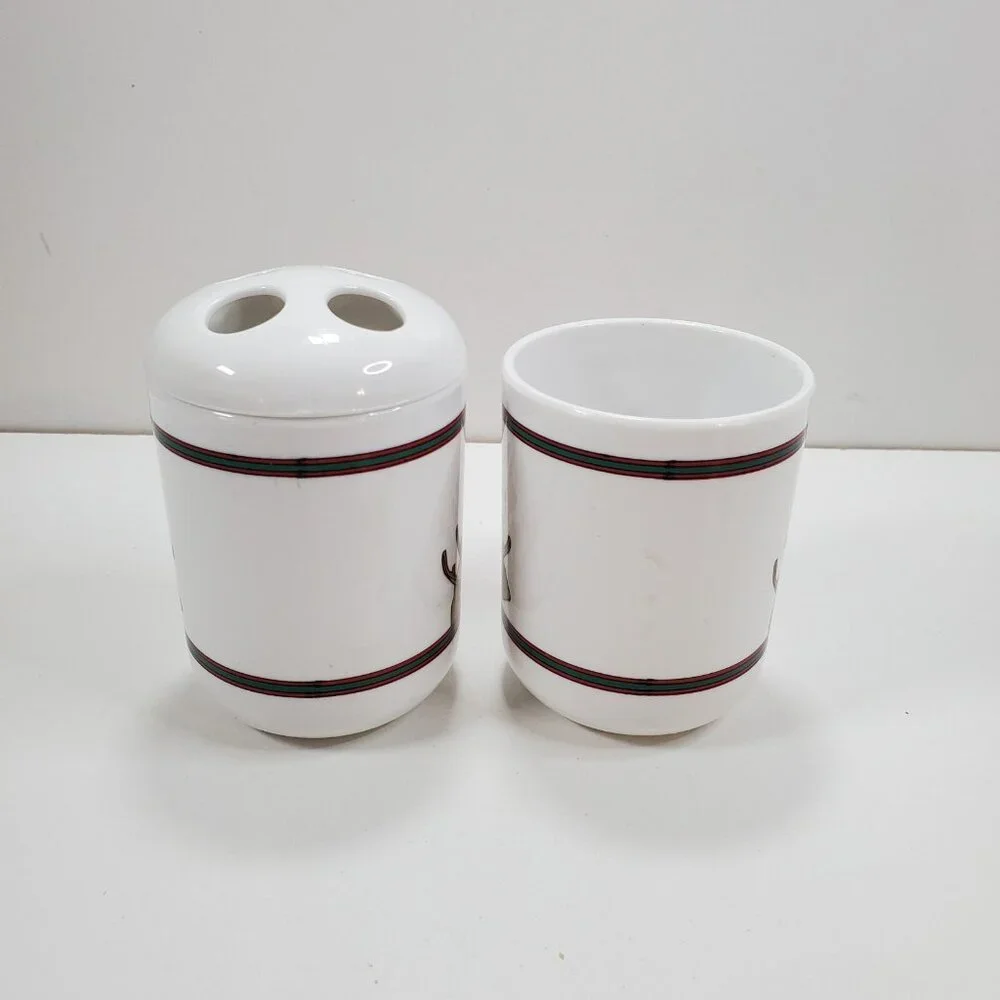 Vtg White Plastic Santa Claus Reindeer Christmas Bathroom Toothbrush Holder Cup